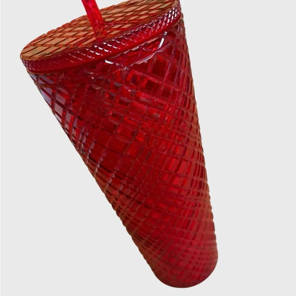 Starbucks 2021 Red Jeweled Holiday Tumbler Grid Textured Lid Straw Venti 24oz